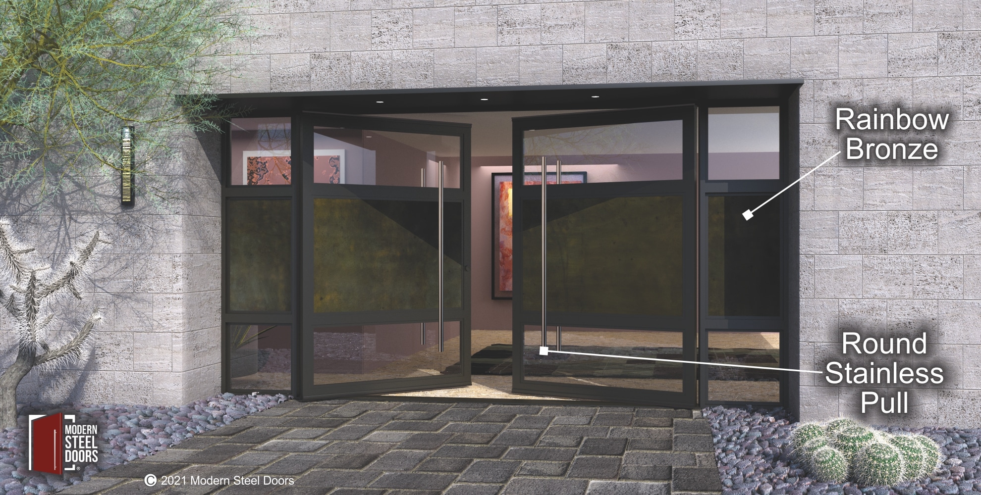 HORIZON PIVOT DOOR WITH BRONZE CLADDING AND GLASS SIDELIGHTS