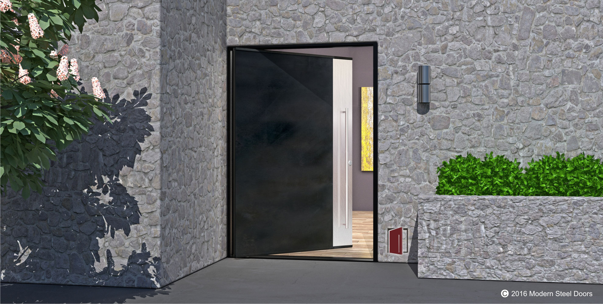 modern steel entry door made of blackened stainless steel and brushed stainless vertical accent panel with stainless round hardware
