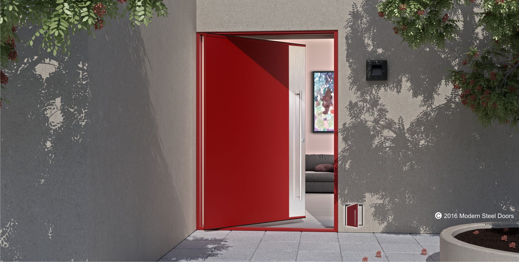 modern accent front door made of red powder coated metal and brushed stainless steel vertical accent panel with matching door pulls