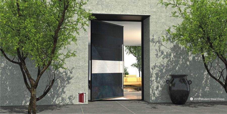 modern pivot entry door made of blackened stainless metal with horizontal stainless steel accent panel and matching accent hardware