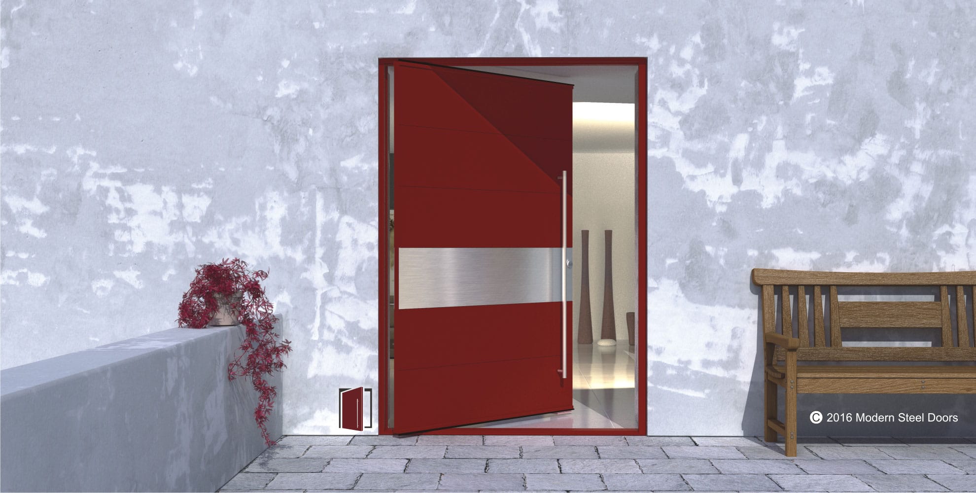 red accent front door made of metal and stainless steel horizontal accent strip with round stainless steel door pulls