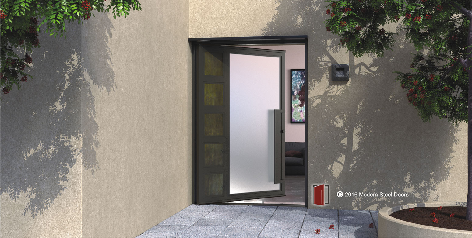 modern entry pivot door made of metal and frosted glass with matching door hardware
