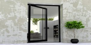 modern entry door made of glass and black steel with matching round door length door handles