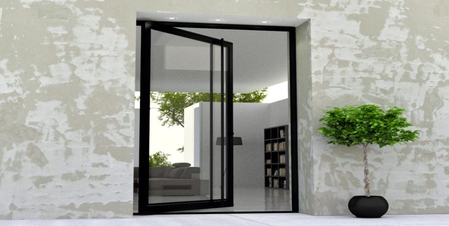 modern entry door made of glass and black steel with matching round door length door handles