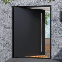 modern front door made of black metal with round stainless steel door pulls