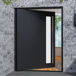 black metal entry door with lite and round stainless steel door handles