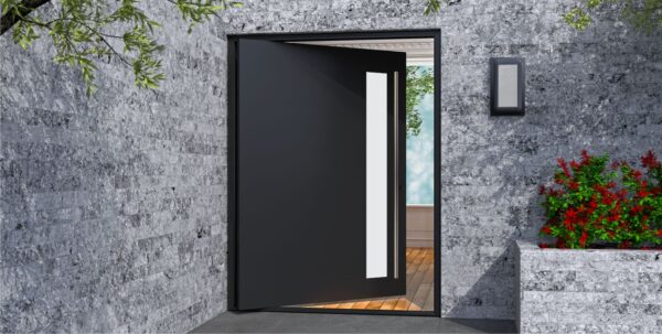 black metal entry door with lite and round stainless steel door handles