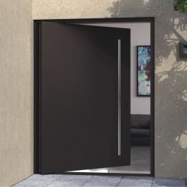 black metal pivot front door with round stainless steel door pull in front of modern home