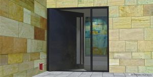 blackened stainless modern exterior door with sidelight and stainless steel round door handles