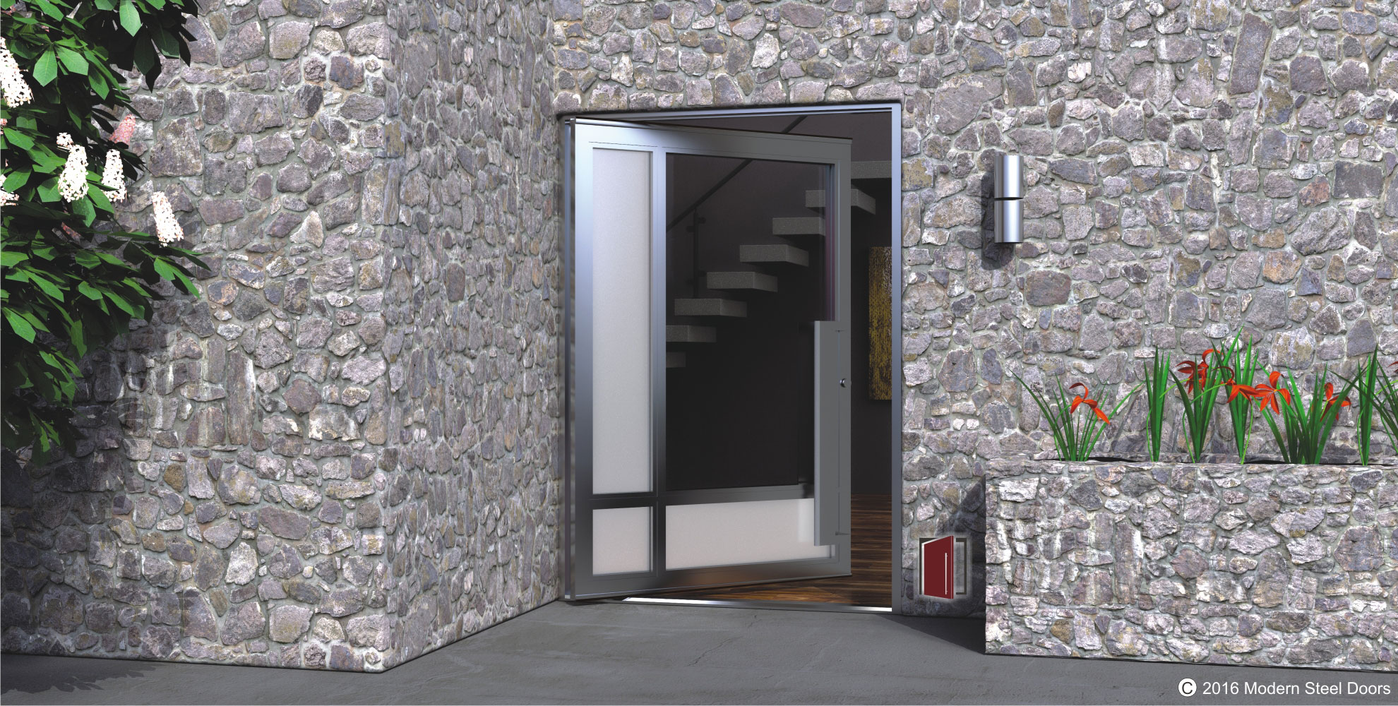 crosshatch design single pivot door made of clear and frosted glass with matching silver hardware on stone home