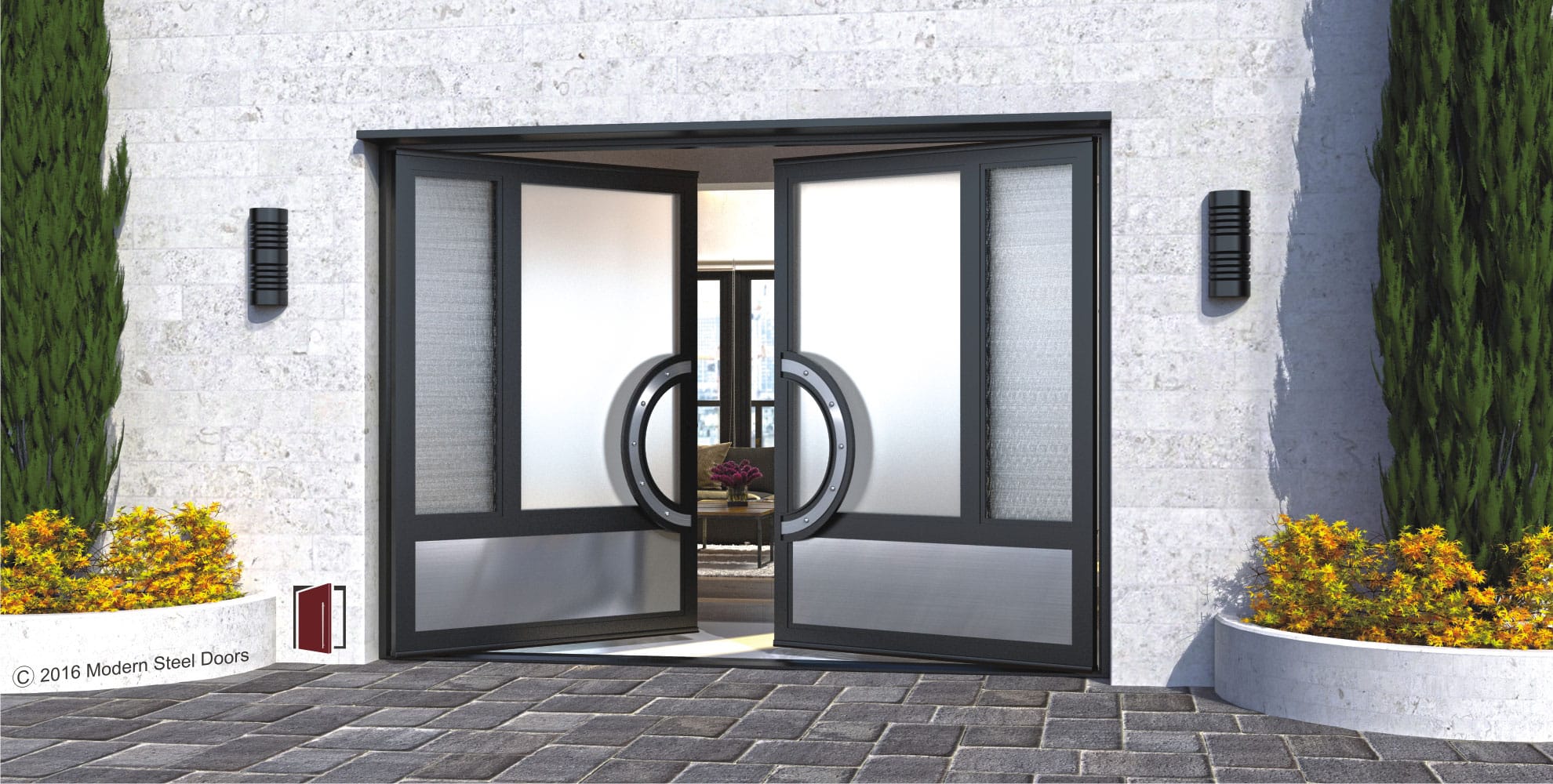 modern front double door made of different opacities of glass and curved stainless door handles