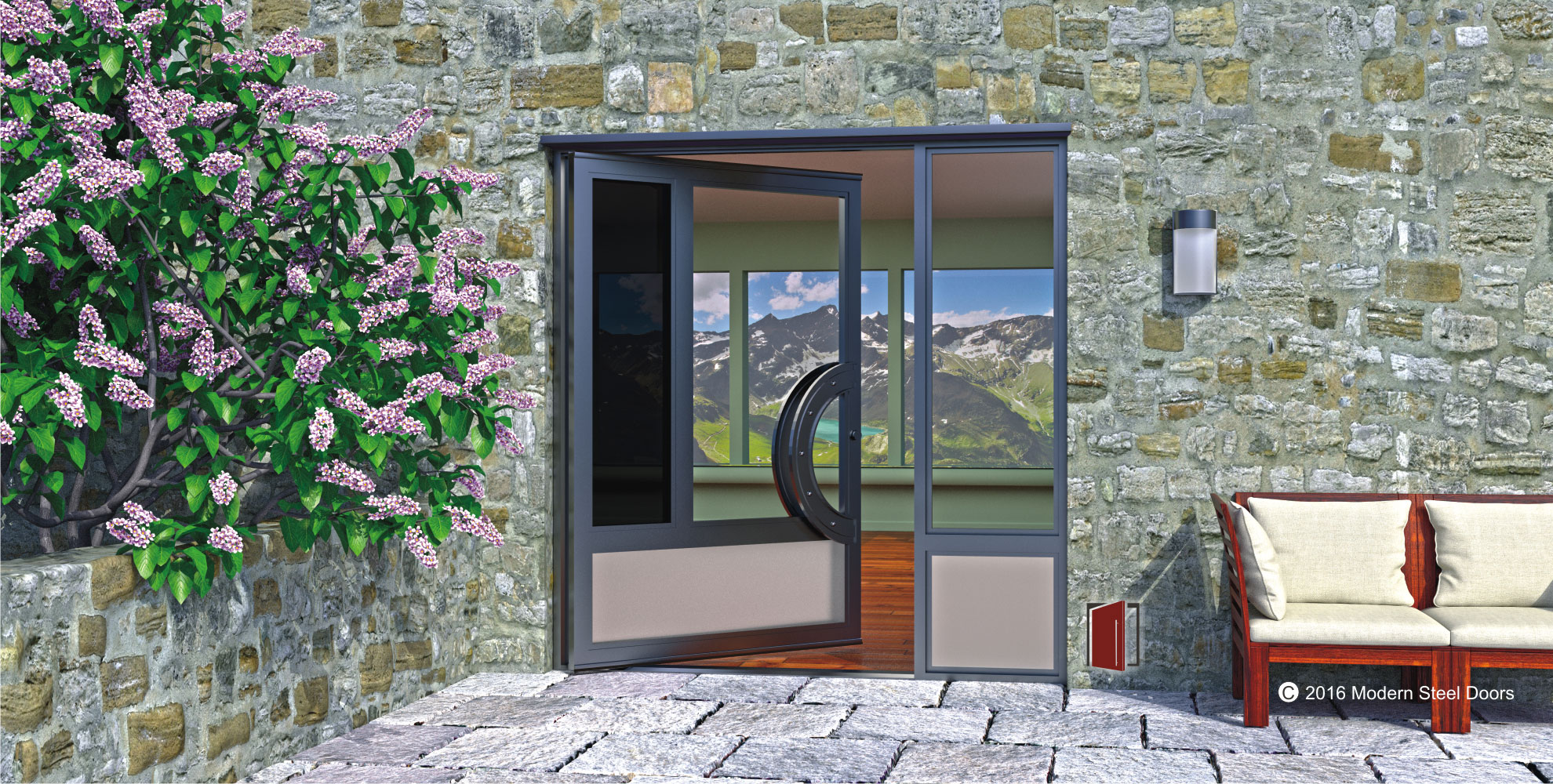 modern single front door made of color glass with curved door pulls and sidelight on home entrance