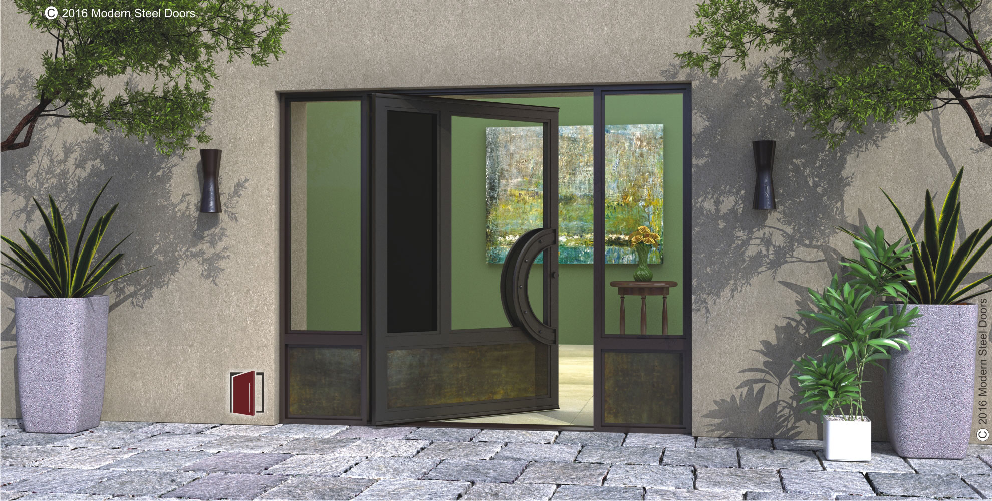 modern entry door made with glass and metal with round door handles and sidelights
