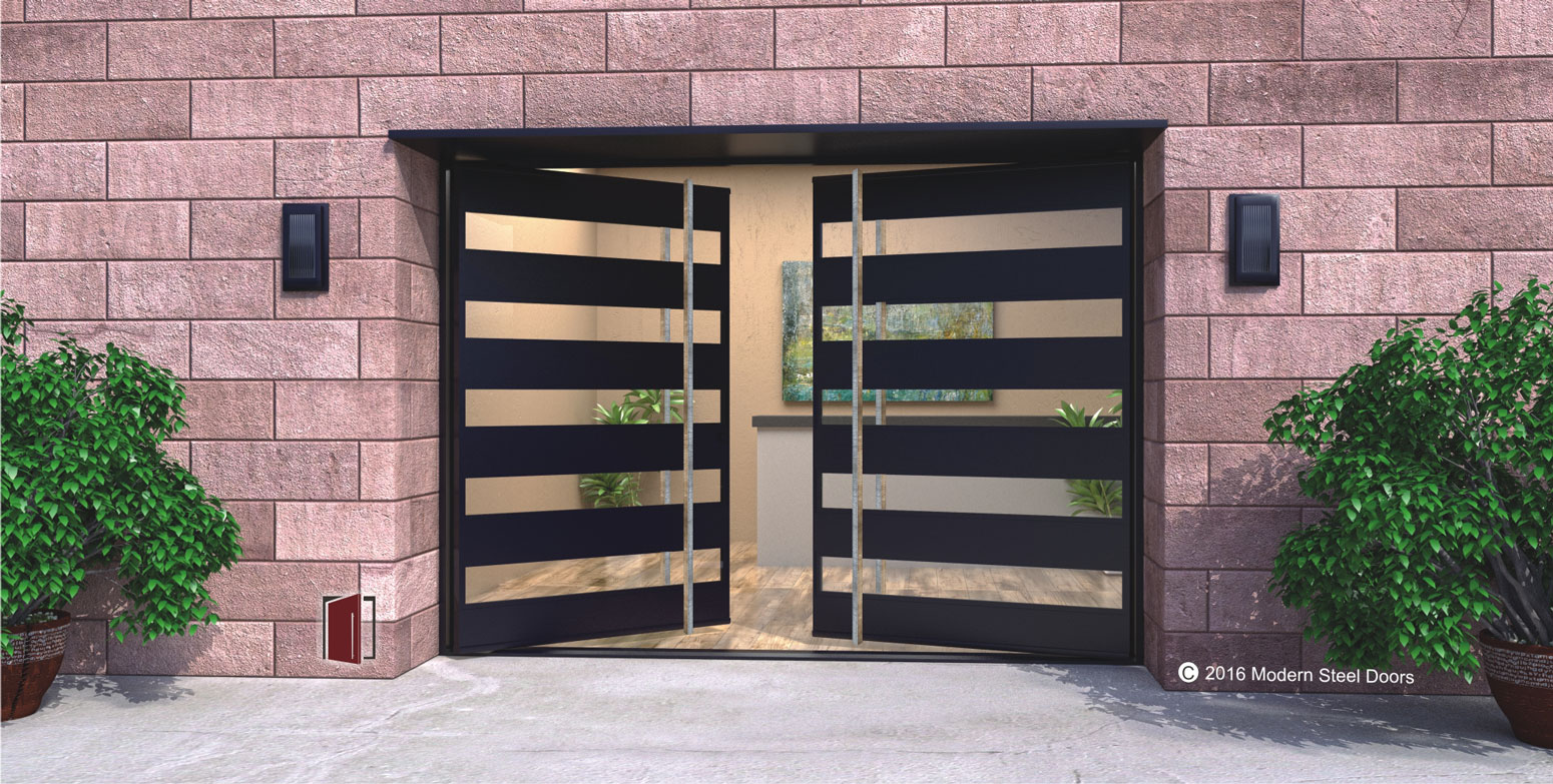 double pivot front doors for modern houses made of glass and black metal with polished square custom door hardware
