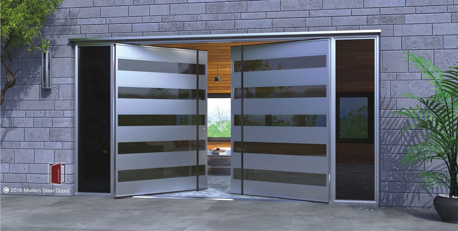 edge double door made of tinted glass and metal for modern houses with black round door hardware and tinted sidelights