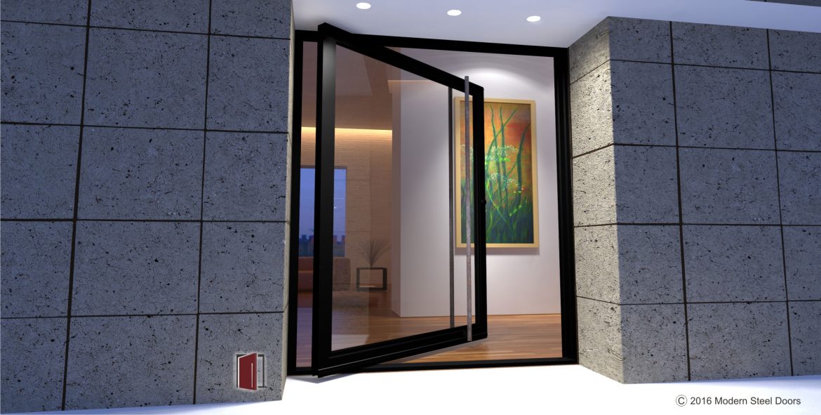 open view large modern pivot front door made of black metal and glass with round modern custom door hardware