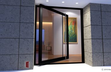 open view large modern pivot front door made of black metal and glass with round modern custom door hardware