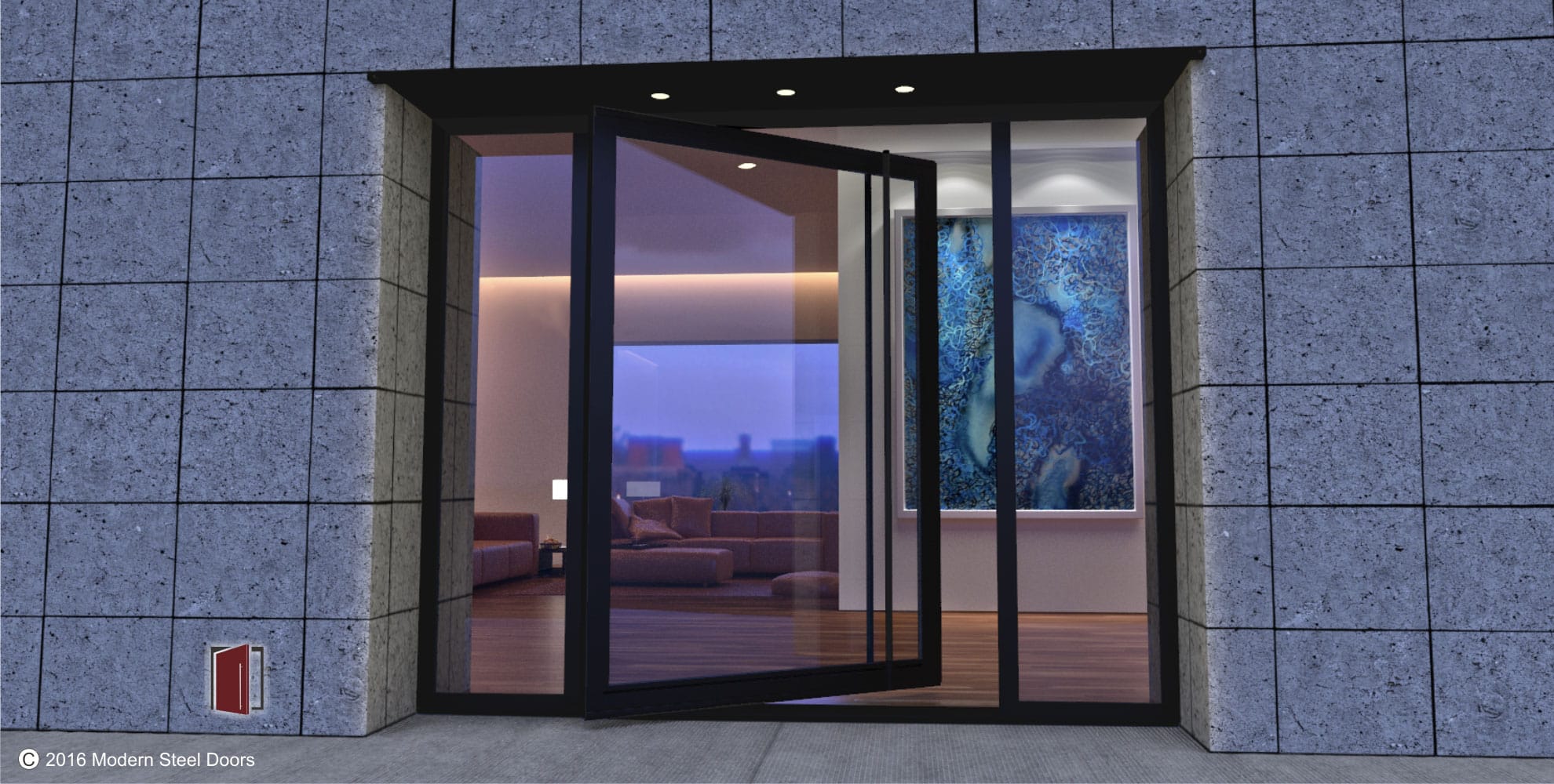 full view minimalist glass front door with long black round door pulls and tall sidelights