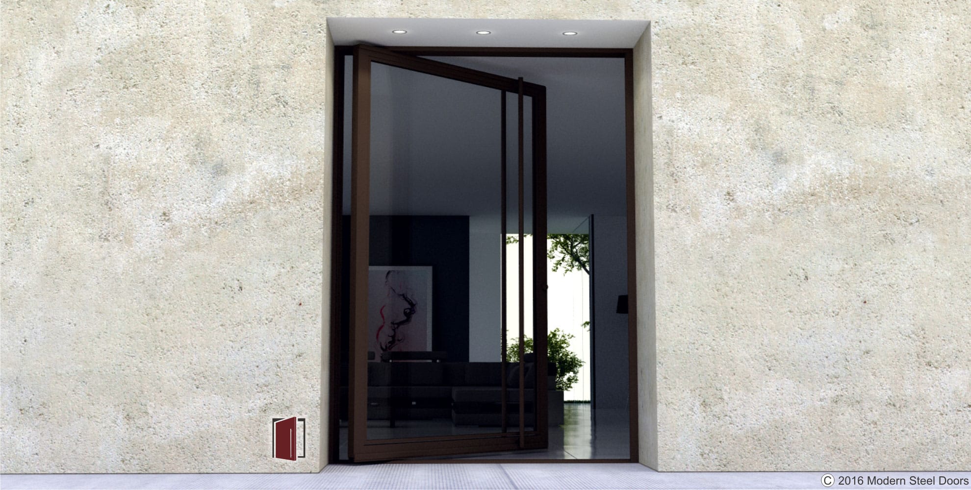 contemporary new front door for modern home made of glass and bronze steel with matching long round door handles