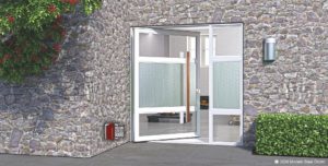 GLASS AND METAL ENTRY DOOR WITH WOODEN HARDWARE PULLS