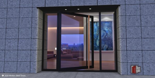 GLASS ENTRANCE DOOR WITH WOOD HARDWARE AND SIDELIGHTS