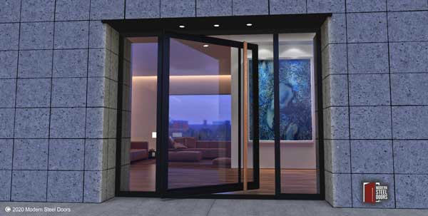 GLASS ENTRANCE DOOR WITH WOOD HARDWARE AND SIDELIGHTS