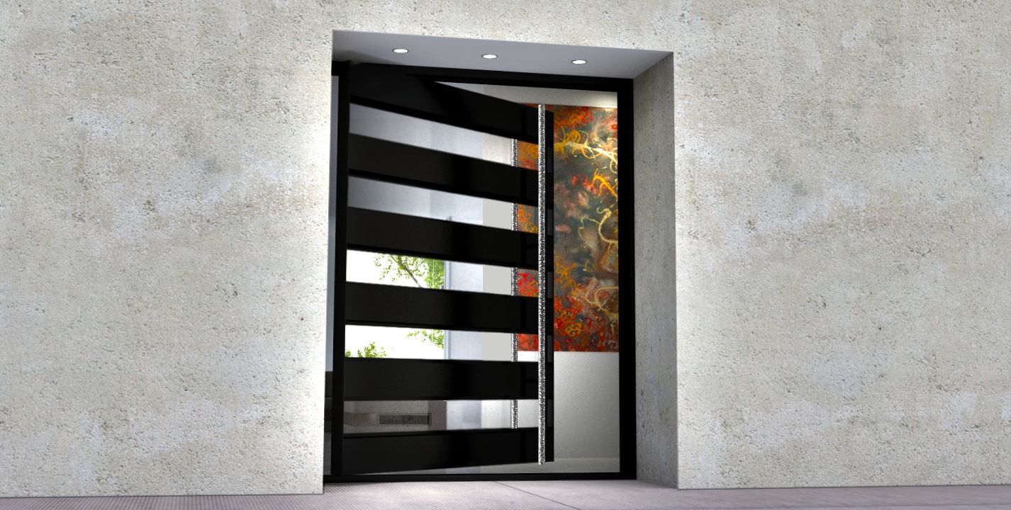 modern entry door made of frosted detailed glass and steel with long door pulls on contemporary home