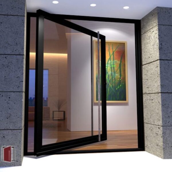 A large modern front door made of glass and metal