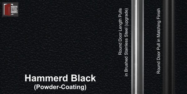 hammered black powder-coated paint finish with round stainless steel door pulls and round black door handles