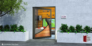 luxury entry door made of glass and authentic mahogany wood with custom modern door handles