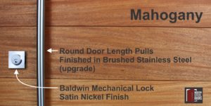 mahogany wood with round stainless steel door handles and matching stainless door lock