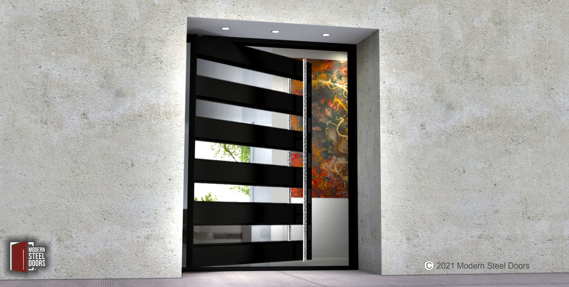 RAW STEEL PIVOT DOOR WITH WOOD PULL AND FROSTED GLASS SIDELIGHT