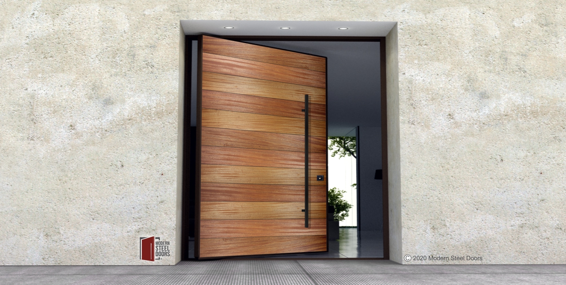 METAL ENTRY DOOR WITH WASHED TEAK WOOD SIDELIGHT AND PULL