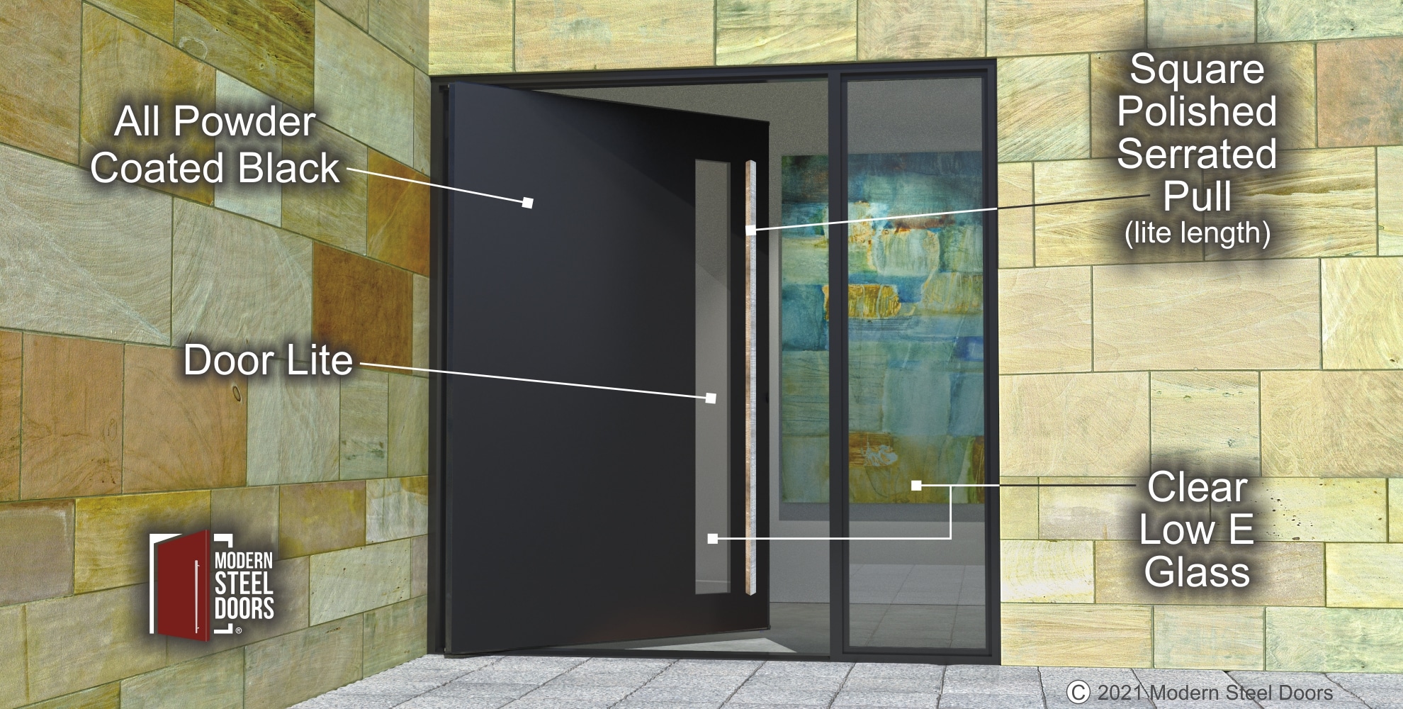METAL PIVOT DOOR WITH POLISHED METAL PULL AND CLEAR GLASS SIDELIGHT AND DOOR LIGHT