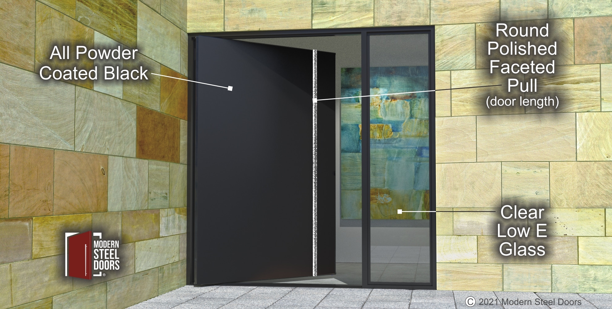 METAL PIVOT DOOR WITH POLISHED METAL PULL AND CLEAR GLASS SIDELIGHT