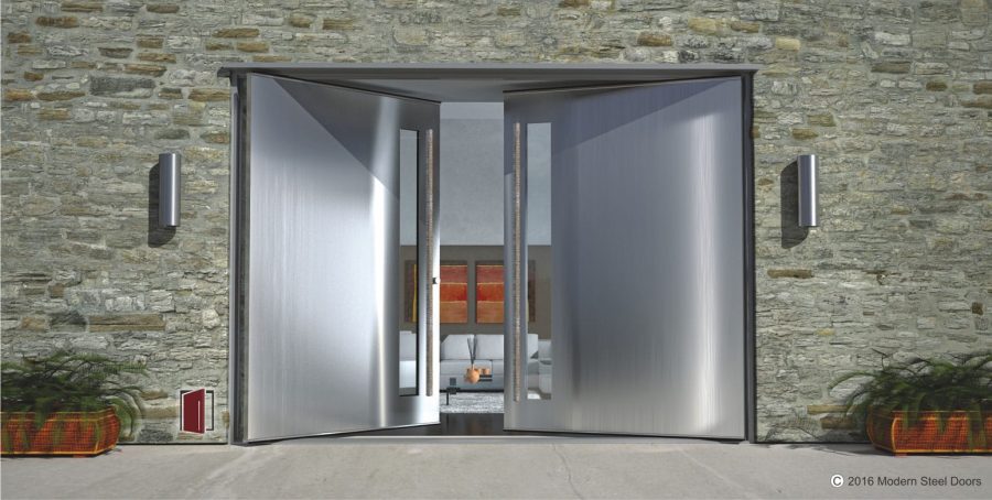 metal brushed stainless steel pivot double door with door lites and square hand polished and serrated door pulls