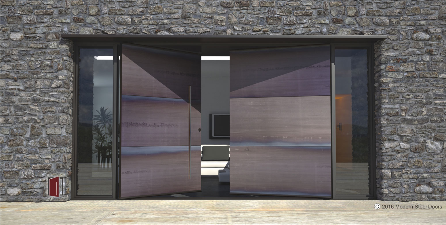 raw steel double pivot entry door made of metal panels with round stainless steel door pulls and sidelights