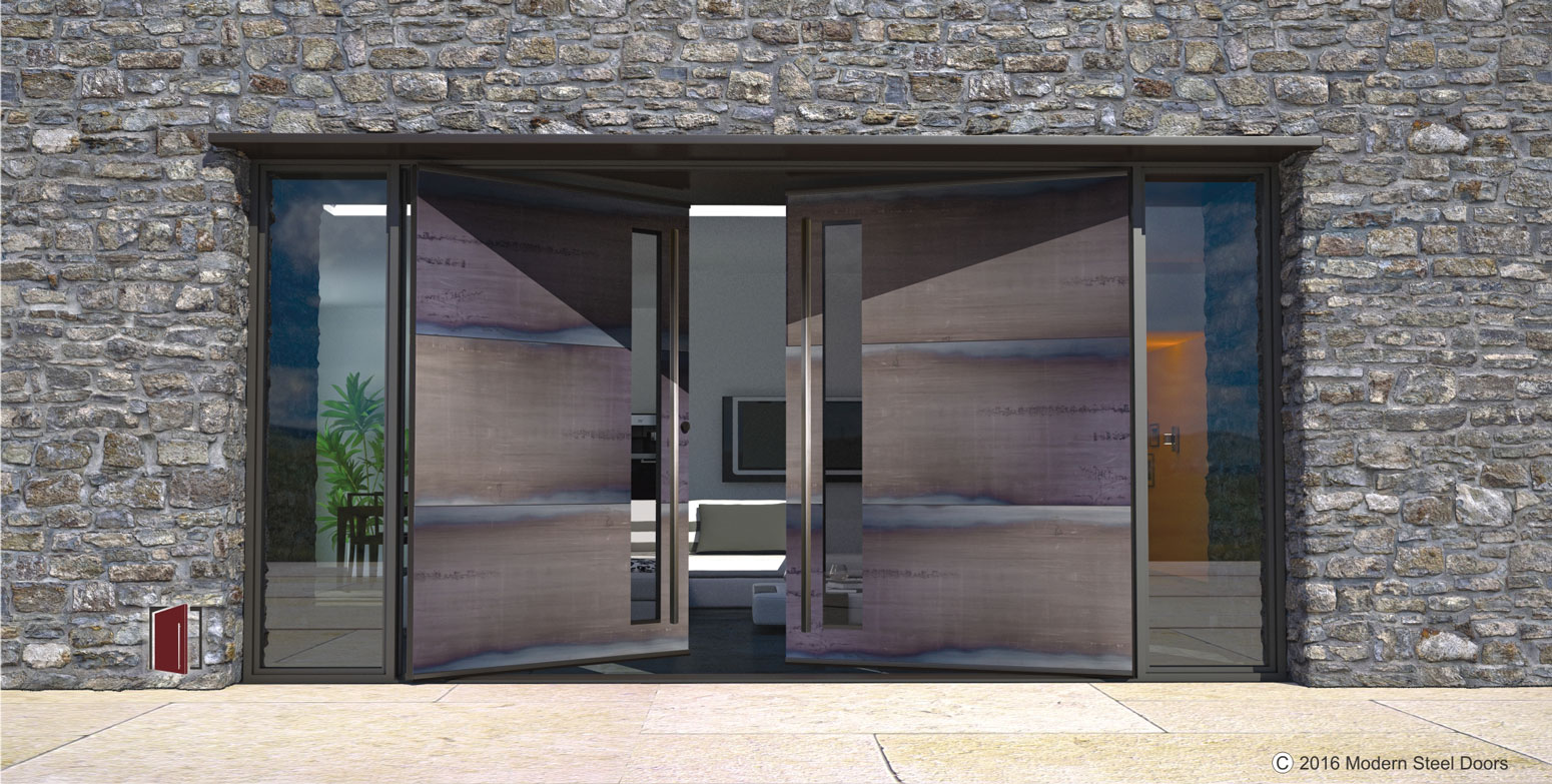 large modern home entry door made of horizontal metal panels with door lites, sidelights and square stainless hardware