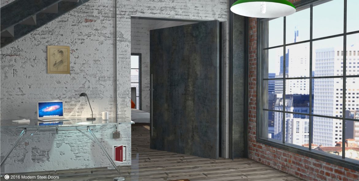 modern entrance pivot door made of raw steel with round door hardware in urban setting