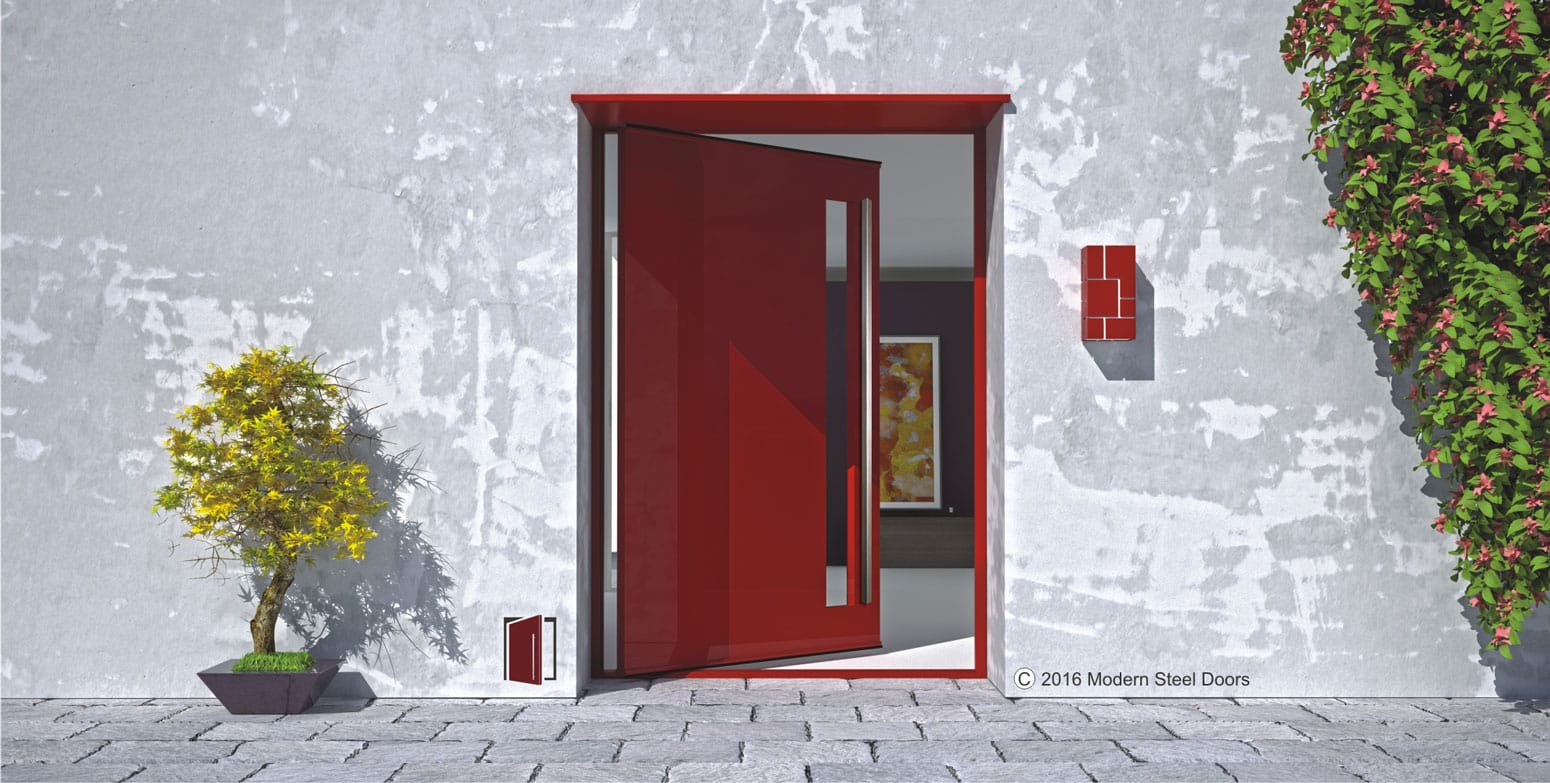metal red single accent door with square brushed stainless door hardware and door lite