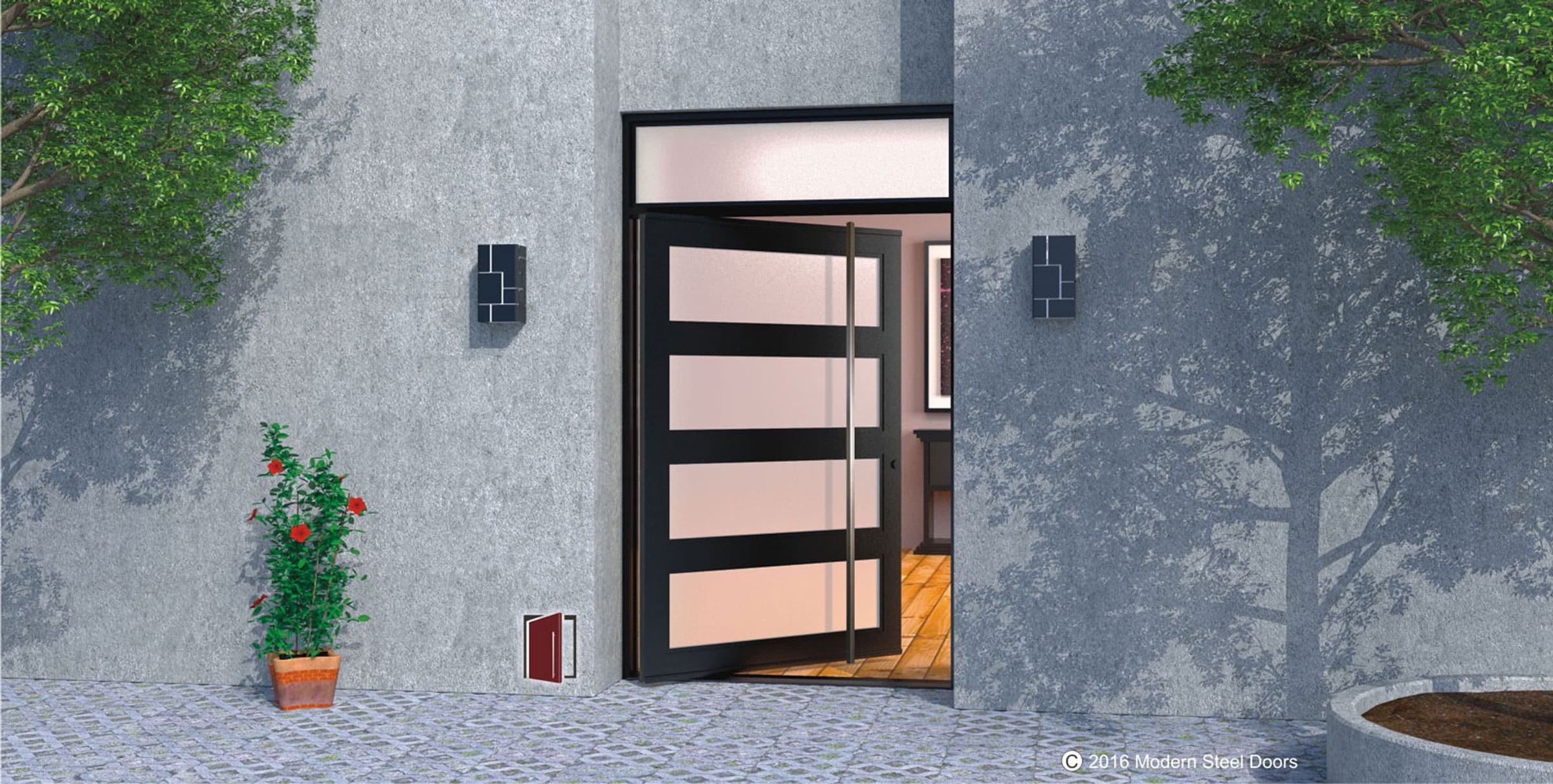 modern exterior door made of glass and steel with door length door handle and transom