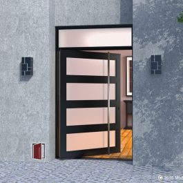 black front door made of steel and frosted glass with square brushed stainless steel door hardware and transom