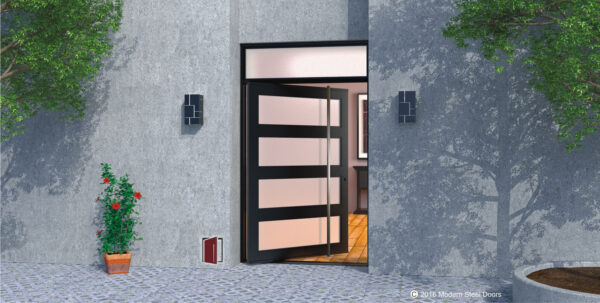 black front door made of steel and frosted glass with square brushed stainless steel door hardware and transom