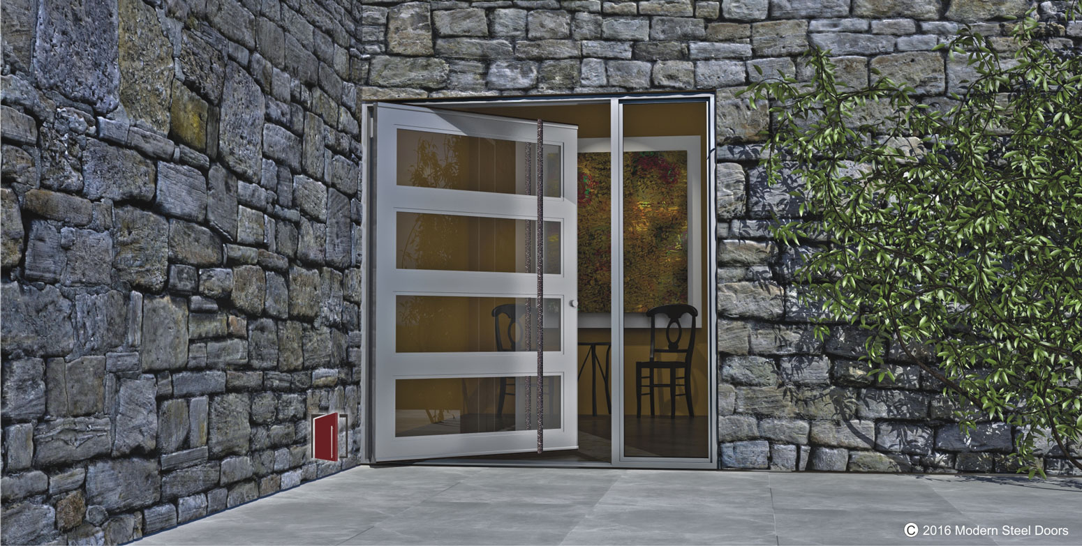 new modern front door design for contemporary homes made of glass and metal with long round custom door pulls and sidelight