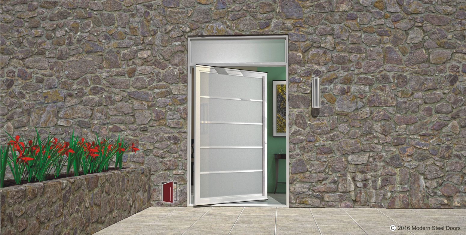 modern front door made of textured glass with matching white door handles and transom