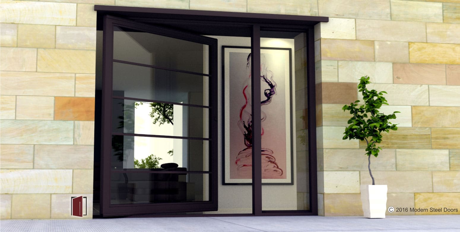 contemporary exterior door design for modern homes made of horizontally segmented glass panels with matching hardware and sidelight