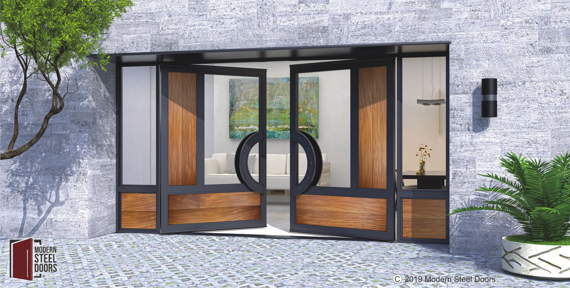 modern double door made of teak hardwood and glass with black custom door hardware and sidelights