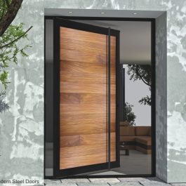 modern wooden front door made of genuine teak wood and metal with modern door handles