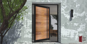 modern wooden front door made of genuine teak wood and metal with modern door handles