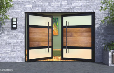 contemporary double front doors made of frosted glass and teak wood with handmade custom door pulls